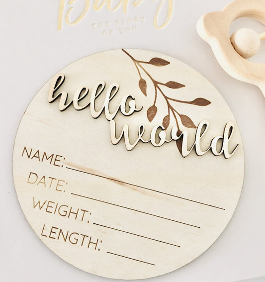 Hello World Classic Birth Announcement Disc - Natural